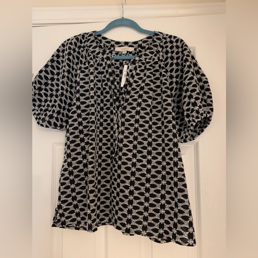 Loft black eyelet puff sleeve top, size large